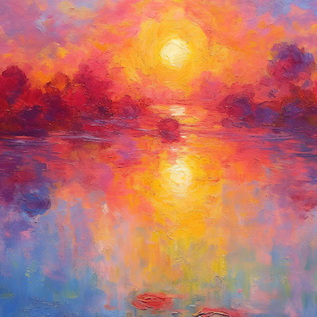 Colorful impressionist sunset painting over water – vibrant wall art landscape