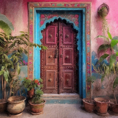 Vintage Indian door wall art with ornate wooden design, vibrant pink and turquoise frame, and potted plants — Classic Indian Doors collection for ethnic home decor.