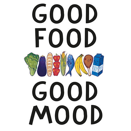 Inspirational wall art with “Good Food Good Mood” quote and colorful cartoon vegetables, fruits, and dairy — Inspirational wall art collection for kitchen decor.