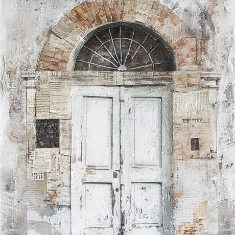 Rustic Italian door wall art featuring distressed white wooden panels, vintage brick arch, and faded textures — Classic Italian Doors collection for timeless decor.