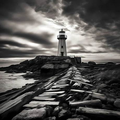 Dynamic motion photography wall art of lighthouse on rocky coast under dramatic sky, black and white seascape print for bold modern decor