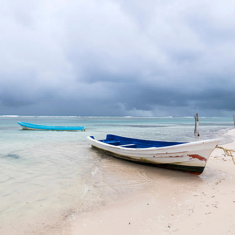 Mexican beach scene with blue boat and coastal landforms wall art