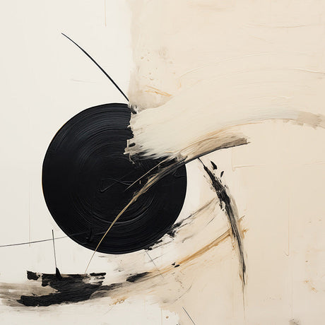 Minimalist abstract wall art featuring a bold black circle and sweeping white brushstrokes on a neutral background