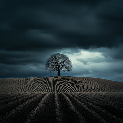 Minimalist landscape wall art featuring a lone tree under a moody sky with plowed field lines