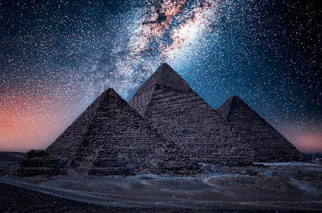 Starry night galaxy pyramid wall art featuring universe, constellations, and Milky Way