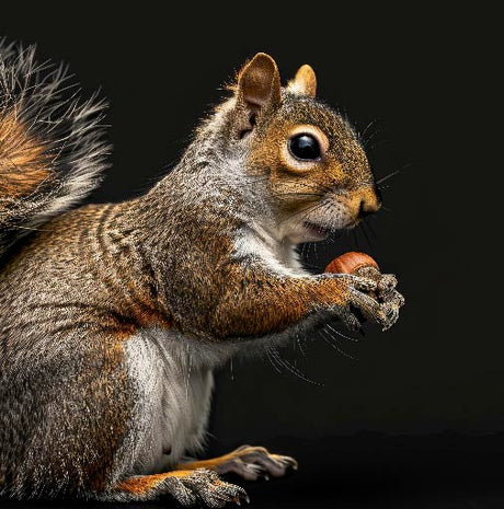 Squirrel wall art featuring detailed close-up of gray squirrel holding acorn against dark background, wildlife photography print for cozy nature decor