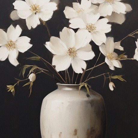Vintage Botanical black and white wall art featuring a flowerpot with white petal flowers in a vase.