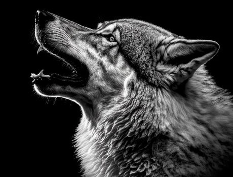 Wolf wall art featuring dramatic black and white side profile of howling wolf, fine art wildlife photography print for bold rustic or modern decor