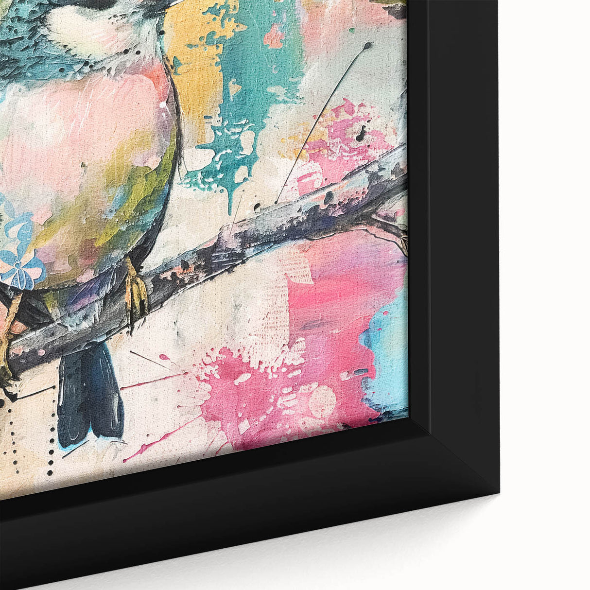 Framed close-up of a textured canvas art piece depicting vibrant African tribal designs, showcasing rich colors and intricate patterns, perfect for home decor.