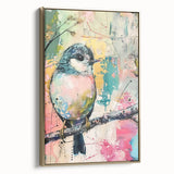 Framed canvas print showcasing a vibrant abstract design with gold accents, viewed from the side, highlighting its elegant profile and modern decor appeal. Perfect for adding a touch of sophistication to any living space or office.