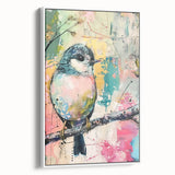 Framed canvas artwork displaying a vibrant abstract design in hues of blue and gold, showcased from a white side view, ideal for modern home decor.