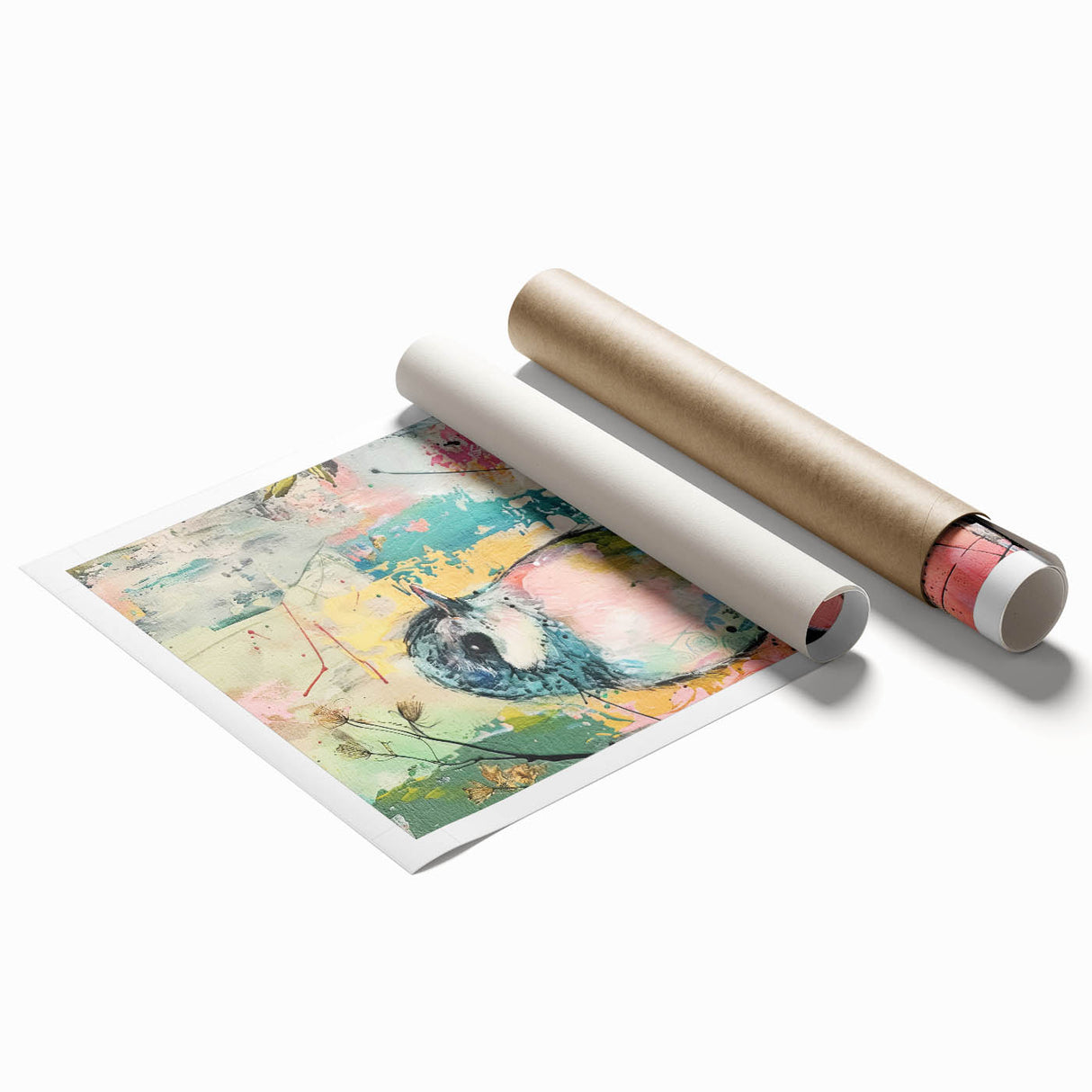 Rolled canvas print showcasing vibrant African tribal art with intricate patterns and colors, neatly packaged in a durable cardboard tube for safe shipping.