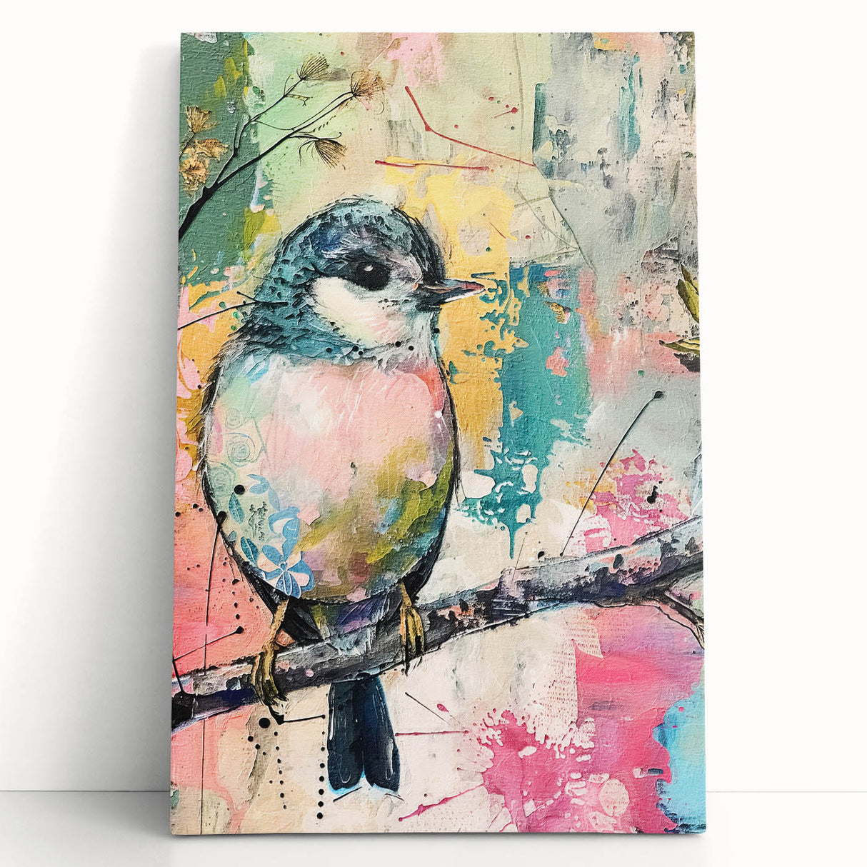 Stretched canvas print showcasing a serene landscape with vibrant colors, beautifully framed and leaning against a wall, perfect for home decor.