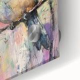 Close-up of a clear acrylic glass piece showcasing vibrant colors and intricate patterns, ideal for modern home decor or artistic displays. The glossy surface reflects light, enhancing the visual impact of the design.