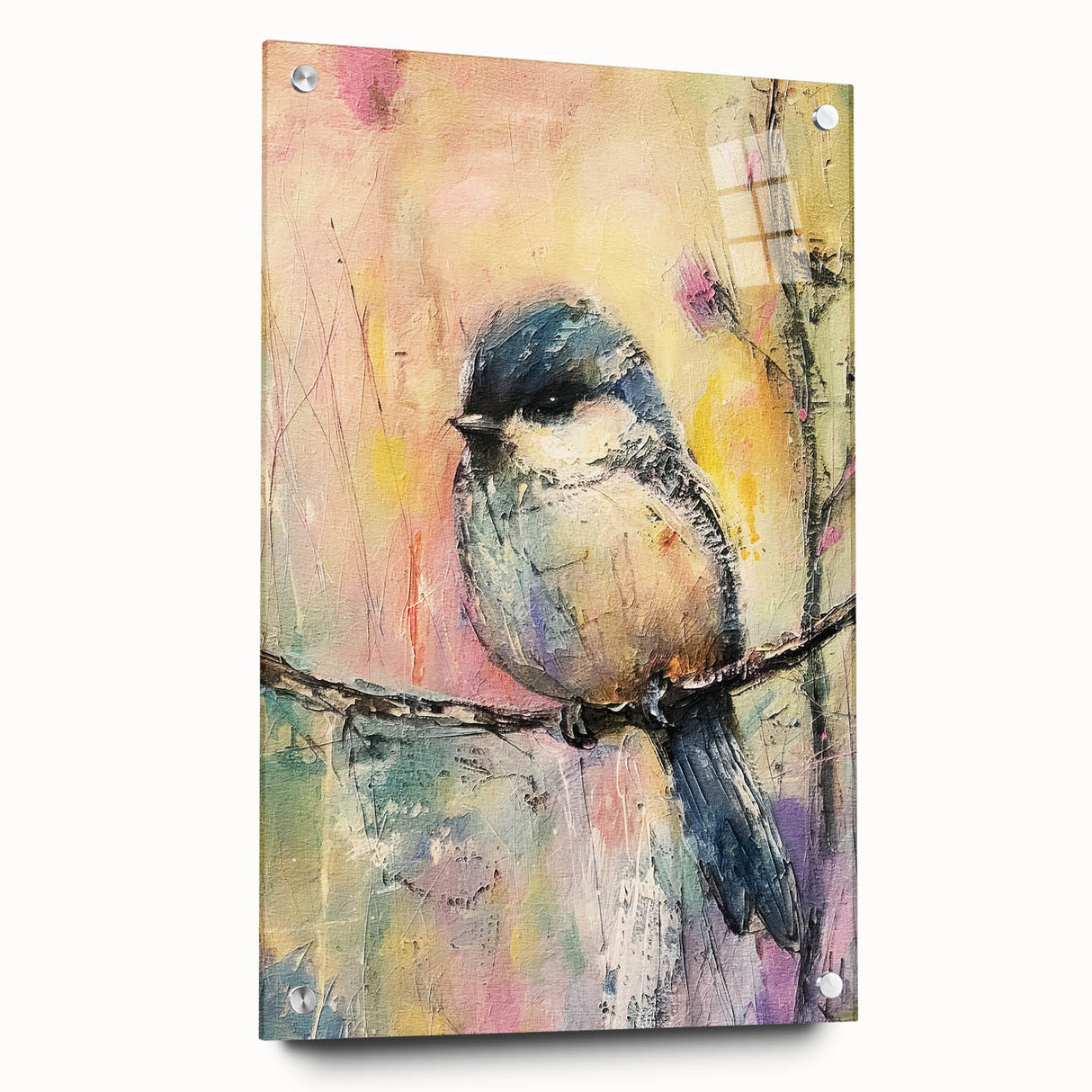 Acrylic glass side view display featuring multiple pins for secure attachment, showcasing clear visibility and modern design ideal for contemporary interiors. Perfect for art galleries or home decor enthusiasts seeking stylish presentation options.