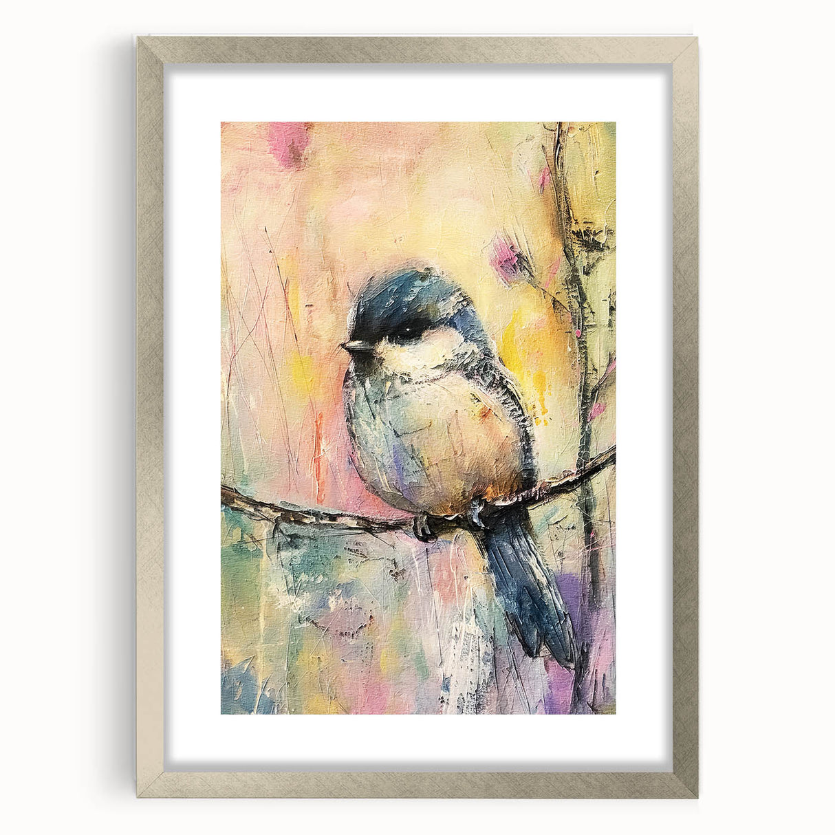 Silver-framed picture with a mat, showcasing a sleek front view ideal for displaying artwork or photographs, enhancing home decor aesthetics. Perfect for stylish interiors.