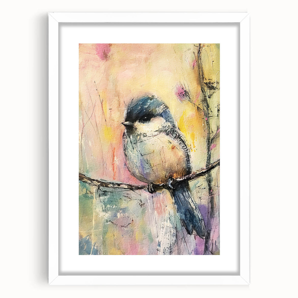 White frame with a mat showcasing a vibrant landscape artwork, perfect for modern decor. Ideal for enhancing living room or office aesthetics.