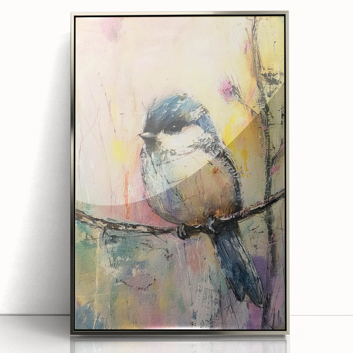 Framed acrylic artwork showcasing a sleek silver finish, highlighting modern abstract designs with vibrant colors, ideal for contemporary home decor.