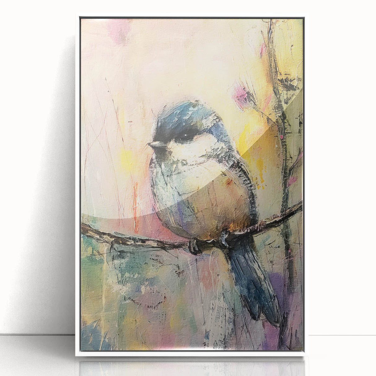 Framed acrylic artwork showcasing a vibrant white front view, ideal for modern home decor, adding a touch of elegance and sophistication to any room setting.