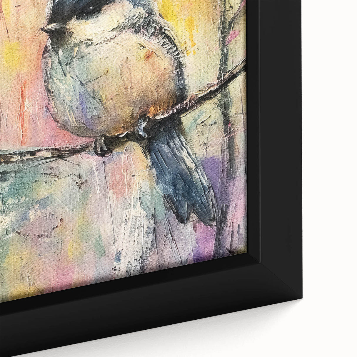 Framed canvas close-up showcasing vibrant abstract art with bold colors and intricate textures, perfect for enhancing modern home decor and artistic spaces.