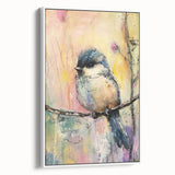 Framed canvas artwork showcasing an elegant abstract design in shades of blue and gold, displayed from a side view, highlighting its sleek profile and modern aesthetic.