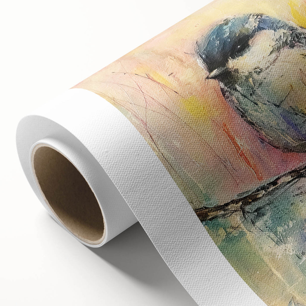 Rolled canvas showcasing vibrant African tribal art with intricate patterns and rich colors, securely packaged in a durable cardboard tube for safe shipping.