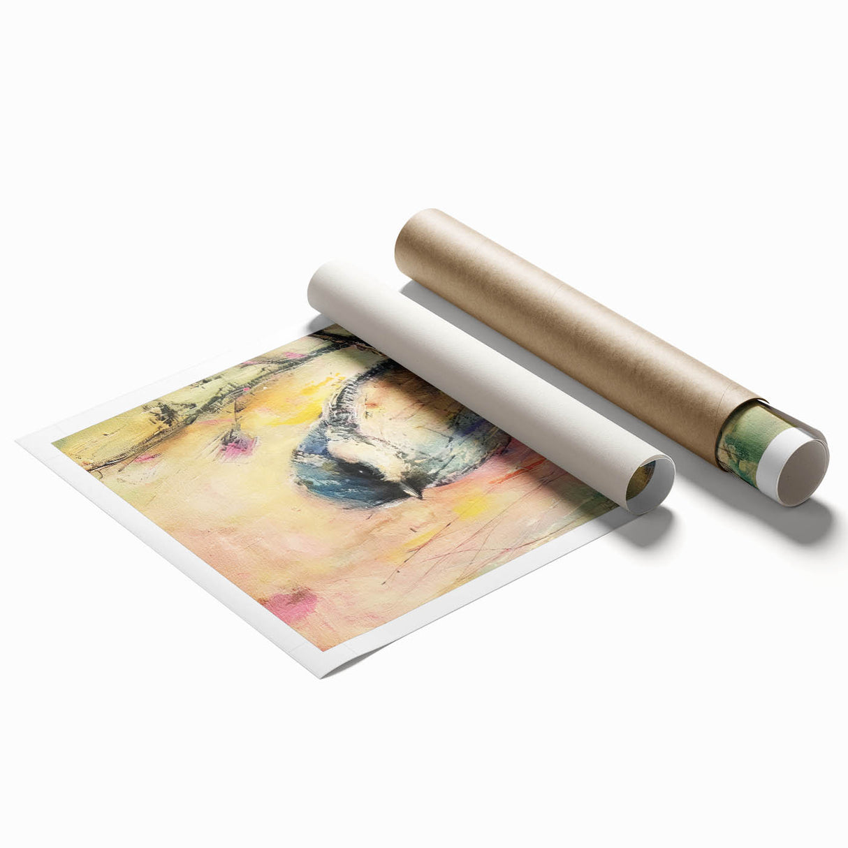 Rolled canvas print showcasing vibrant African tribal art, featuring intricate patterns and colors, securely packaged in a protective cardboard tube for shipping.