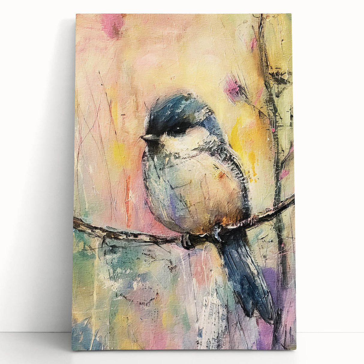 Stretched canvas artwork showcasing a vibrant abstract design with bold colors, elegantly leaning against a textured wall, ideal for modern home decor.