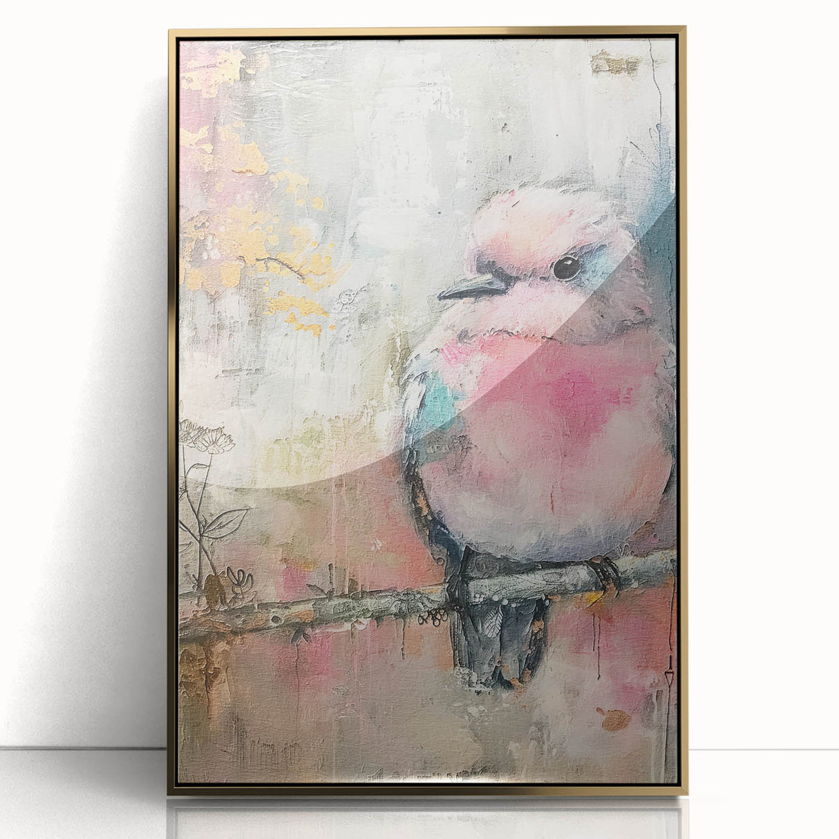 Framed acrylic wall art featuring an elegant gold design, showcasing a modern aesthetic. The artwork is set against a neutral background, ideal for contemporary decor.