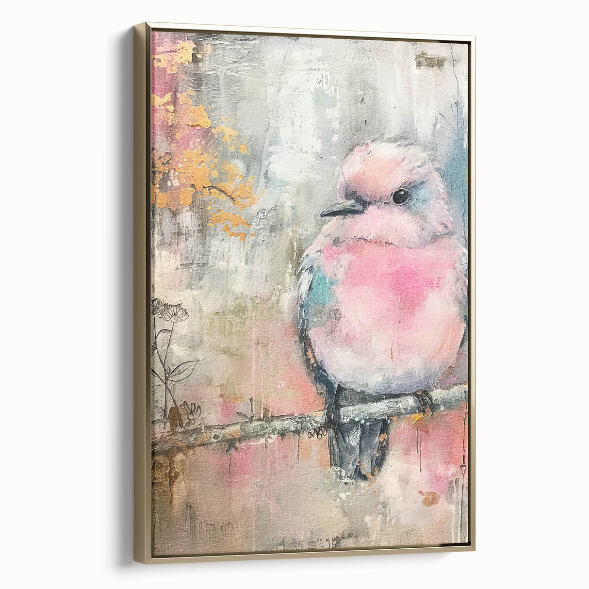 Framed canvas artwork showcasing an elegant gold border with a side view perspective, ideal for enhancing home decor and interior design aesthetics.