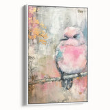 Framed canvas artwork featuring a serene landscape with soft hues of blue and green, displayed in a sleek white frame, showcasing modern home decor elegance.