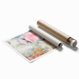 Rolled canvas print showcasing vibrant African tribal wall art with intricate patterns and bright colors, securely packaged in a protective cardboard tube for safe shipping.