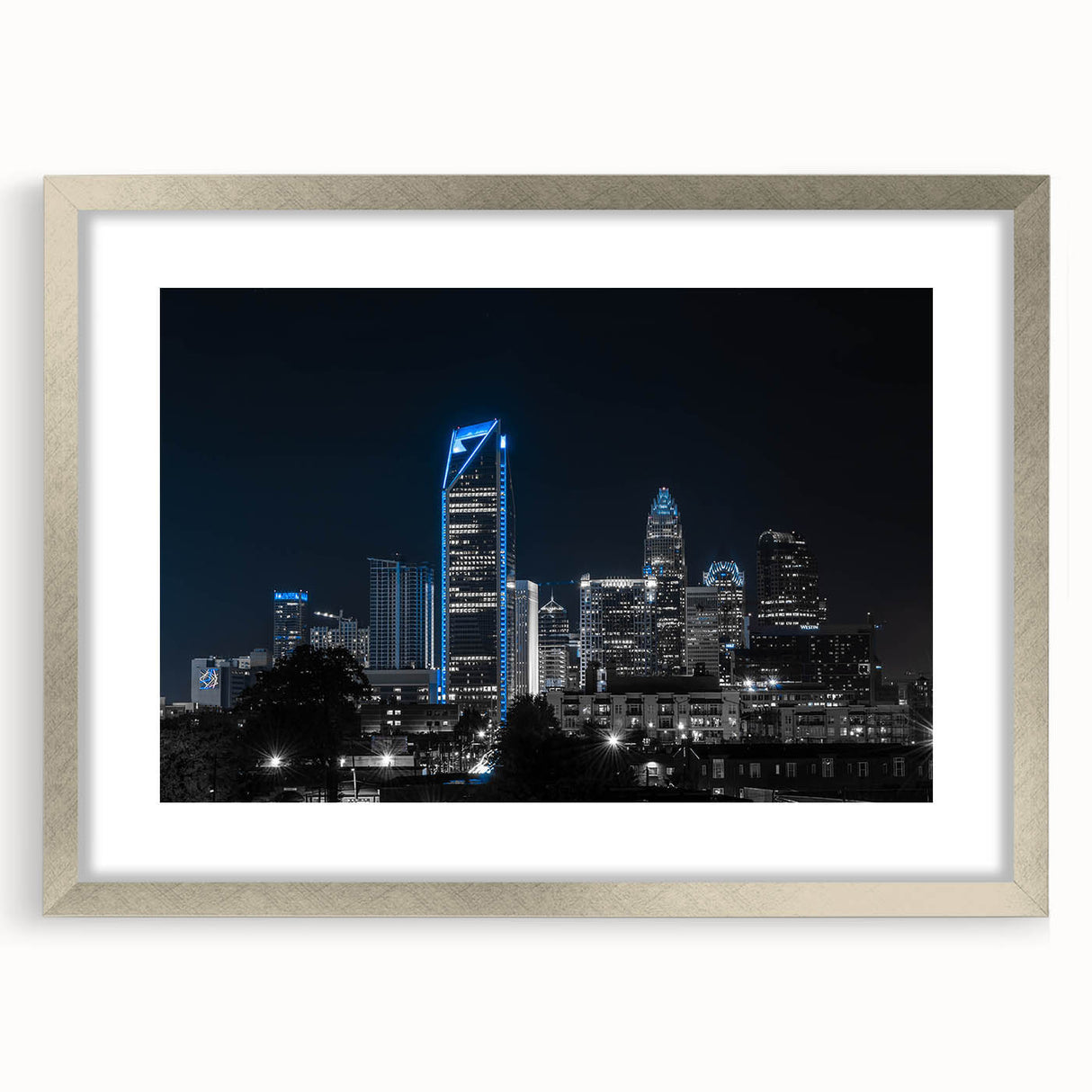 Textured abstract art print in muted gray and blue tones on canvas, suitable for modern bedroom ambiance.