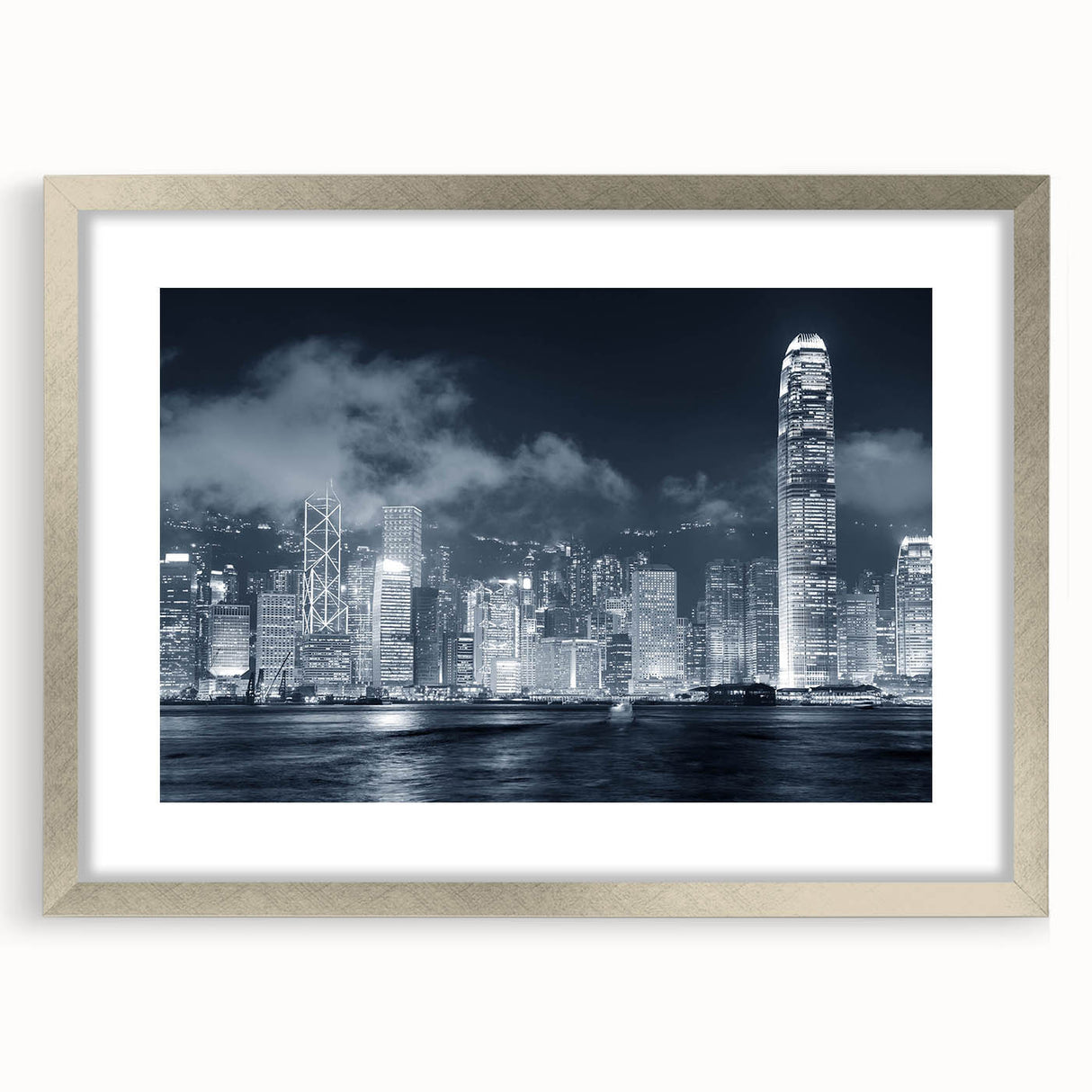 Textured art print featuring abstract swirls in muted gray and blue tones on canvas, suitable for bedroom decor.