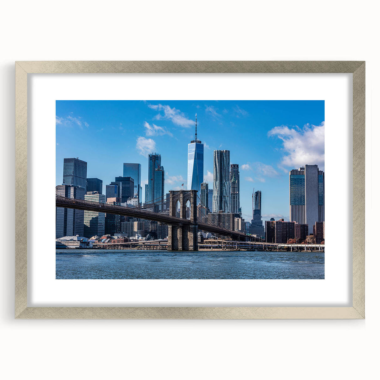 Textured abstract art print in muted gray and blue tones on canvas, suitable for modern bedroom ambiance.
