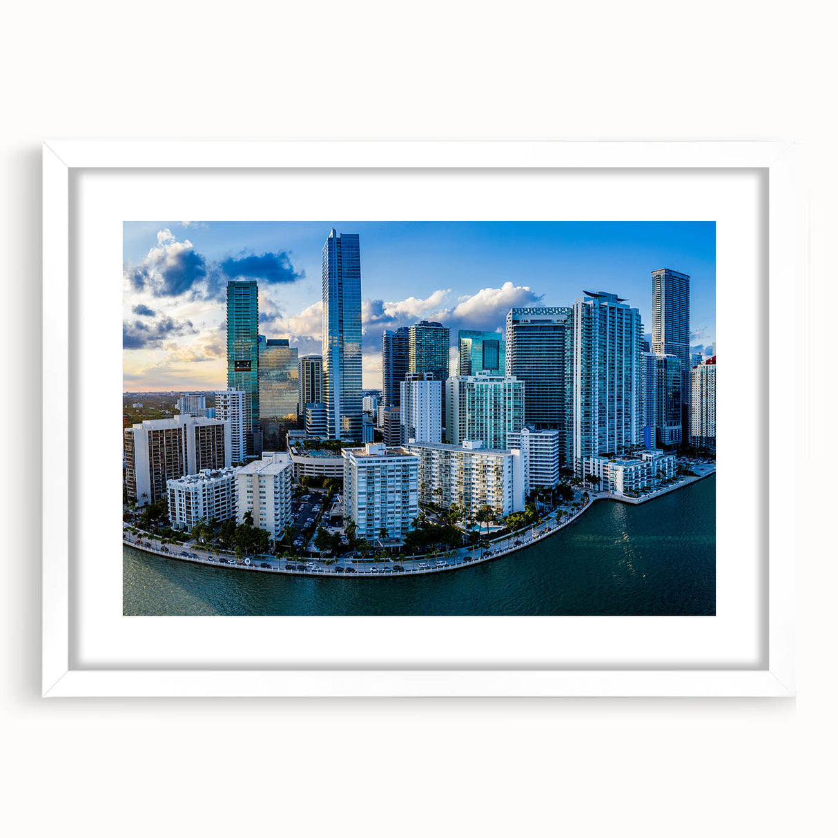 Abstract art print featuring swirling blue and gray tones on a rolled canvas.