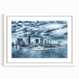 Abstract art print featuring swirling blue and grey tones on canvas, suitable for dining room or bedroom decor.