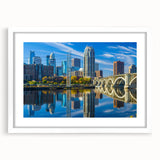 Abstract art print featuring swirling blue and white patterns on canvas, suitable for bedroom or dining room decor.