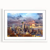 Abstract art print featuring swirling blue and gold patterns on canvas, ideal for dining room decor.