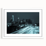 Abstract art print featuring swirling blue and green patterns on canvas, suited for enhancing a dining room ambiance.