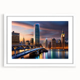 Abstract art print featuring swirling blue and green patterns on rolled canvas.