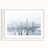 Abstract art print featuring swirling blue and gray tones on a rolled canvas, suitable for dining room or bedroom decor.