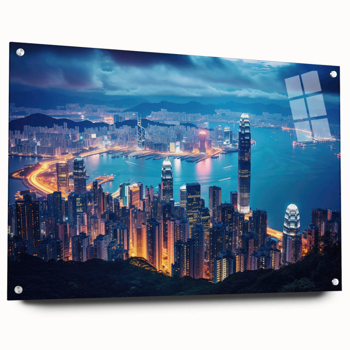 Large abstract wall art in blue and gold tones on canvas, ideal for enhancing a modern bedroom or dining room ambiance.