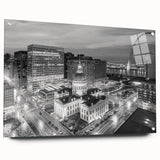 Large abstract wall art in muted gray and blue tones on canvas, suitable for modern bedroom or dining room decor.