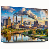 Large abstract wall art on canvas featuring swirling blue and gray tones, ideal for modern bedroom or dining room decor.