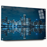 Large abstract wall art in bold blue and gold tones, printed on canvas, suitable for bedroom or dining room decor.