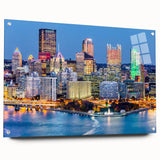 Large abstract wall art in swirling blue and gray tones on canvas, suitable for bedroom or dining room decor.