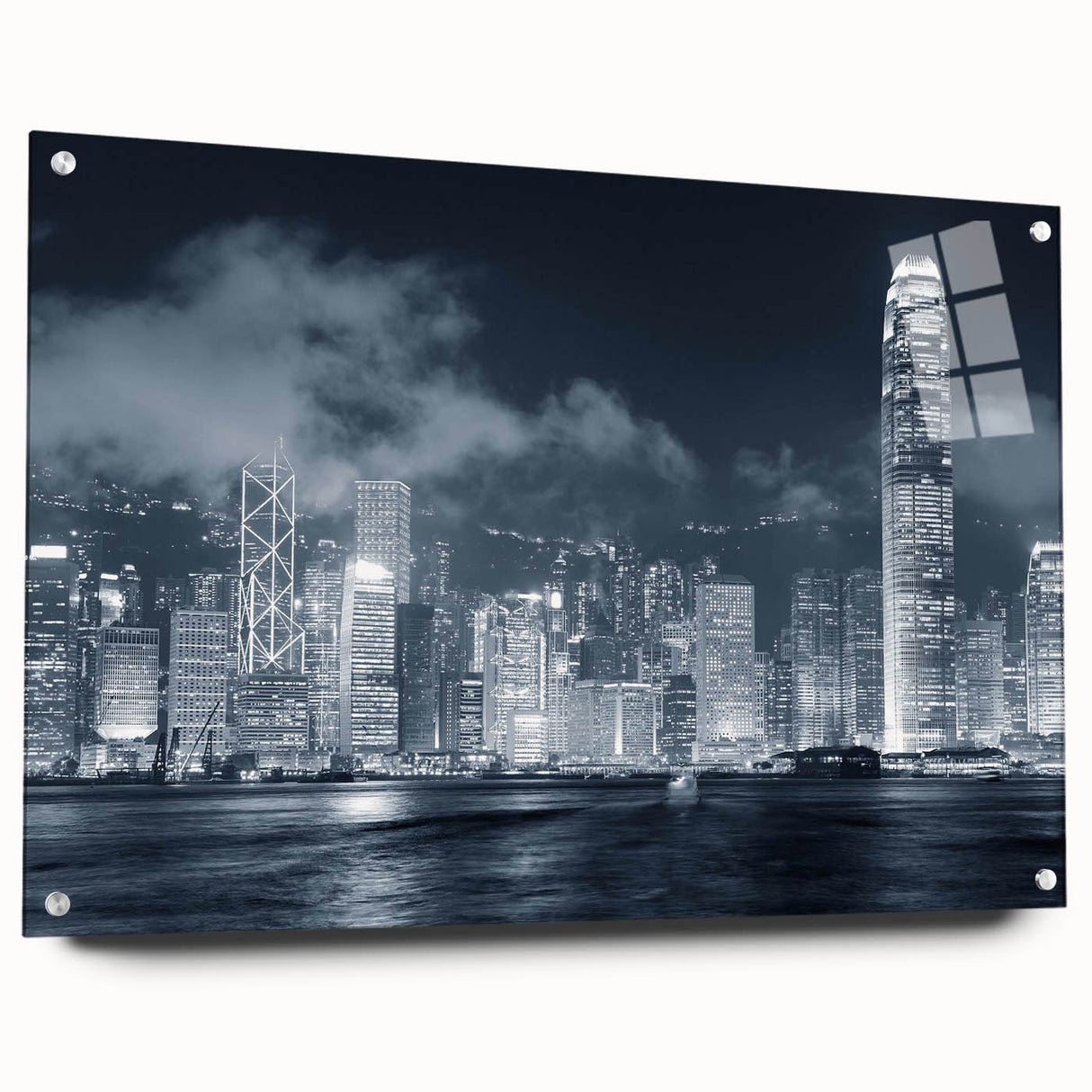 Large abstract wall art featuring swirling blue and gray tones on canvas, suitable for bedroom or dining room ambiance.
