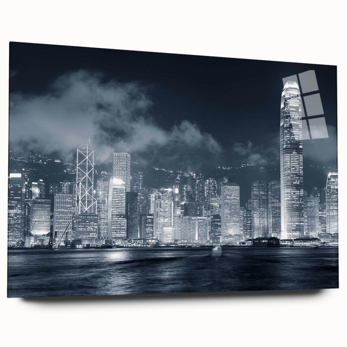 Large abstract wall art featuring swirling blue and gray tones on canvas, suitable for bedroom or dining room decor.