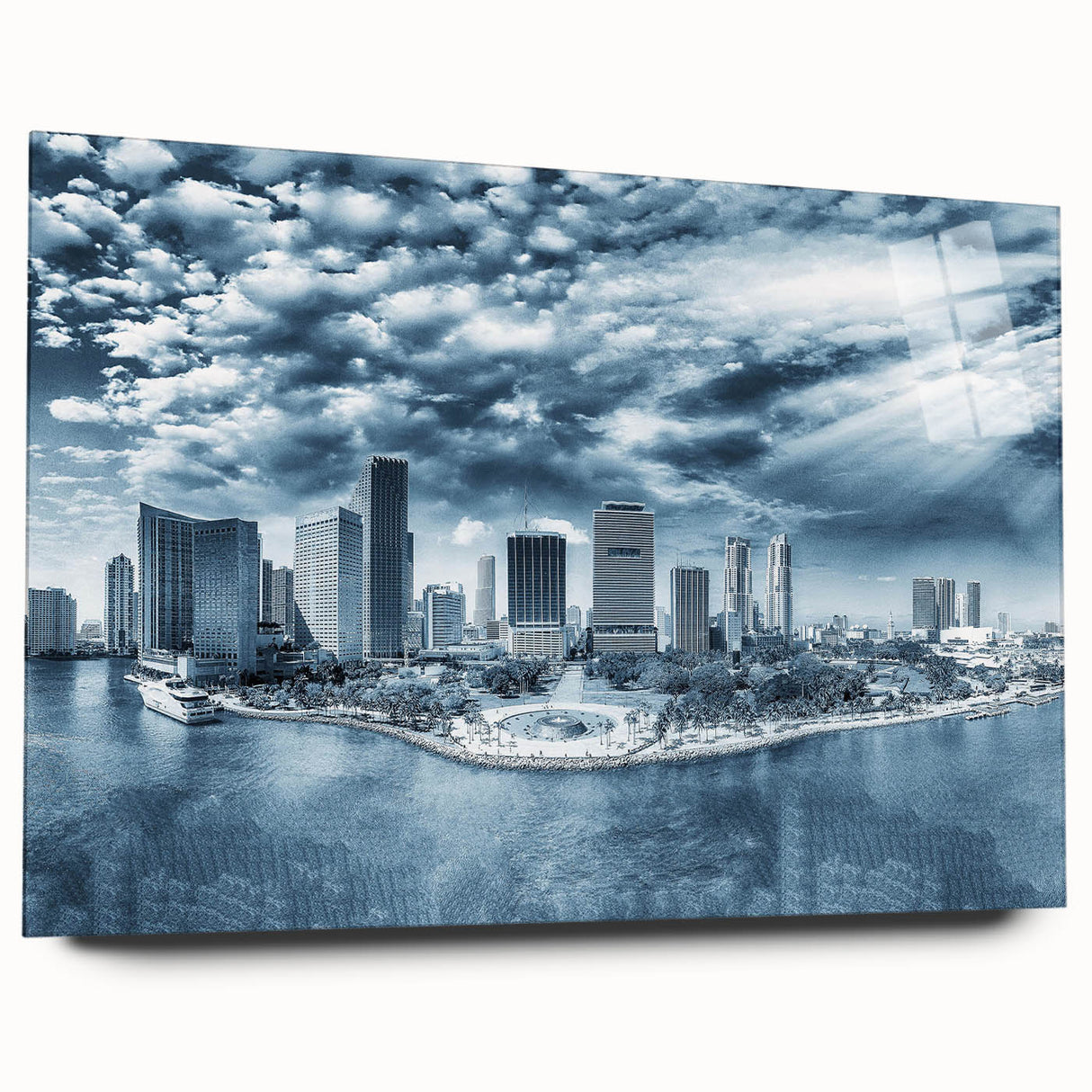 Large abstract wall art featuring swirling blue and gray tones on a stretched canvas.